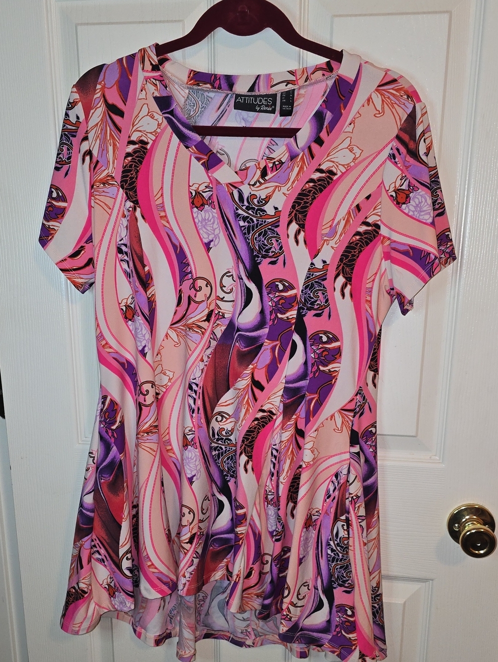 Attitudes by Renee Pink & Purple Swirl V‑Neck Short Sleeve Tunic Top